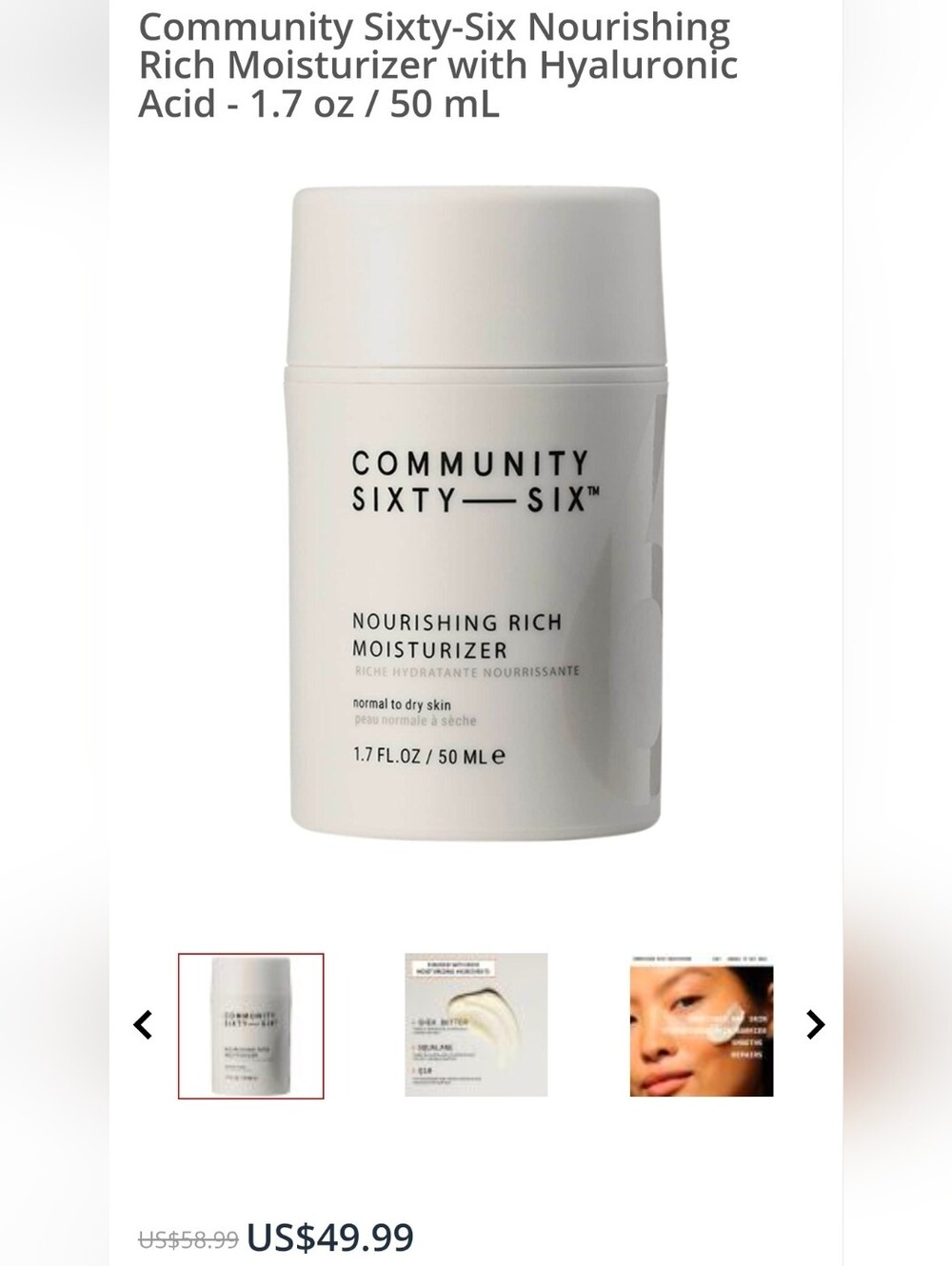 Community Sixty-Six Nourishing Rich Moisturizer featuring hyaluronic acid, shea